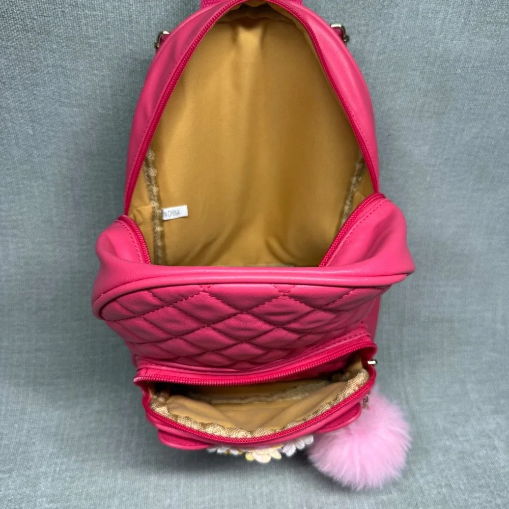 Pink Cat Mini Backpack Quilted Faux Leather Pom Pom Flower Crown Kids School Bag